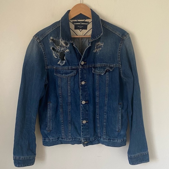 Paul Smith Jackets \u0026 Coats | Paul Smith Distressed Jean Jacket with Metal Hand Symbol on Back Size L | Color: Blue | Size: L | Miskubelik's Closet